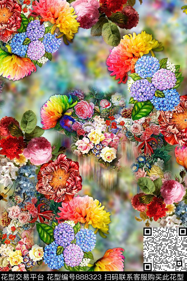 花卉云纹中国风数码印花华亿平台下载（图片编号: 888323） - 瓦栏（Walan）