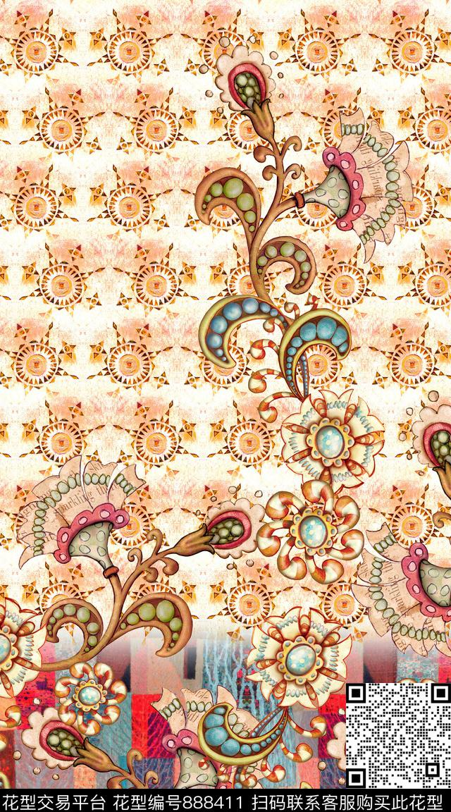 欧式波西米亚民族风数码印花华亿平台下载（图片编号: 888411） - 瓦栏（Walan）