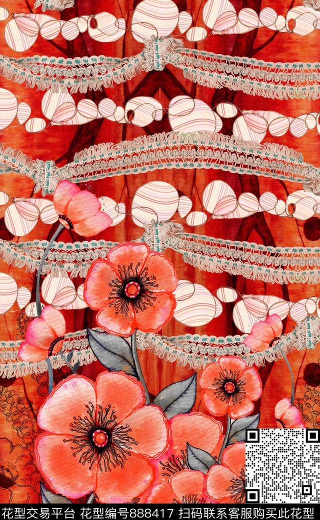 花卉波西米亚民族风数码印花华亿平台下载（图片编号: 888417） - 瓦栏（Walan）