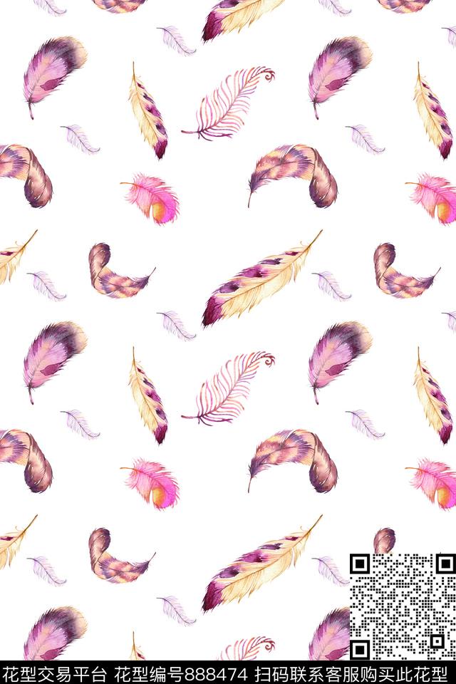 羽毛水彩四方连续数码印花华亿平台下载（图片编号: 888474） - 瓦栏（Walan）