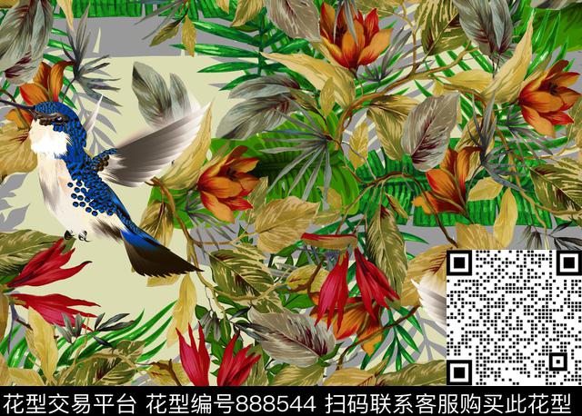 叶子花卉热带数码印花华亿平台下载（图片编号: 888544） - 瓦栏（Walan）