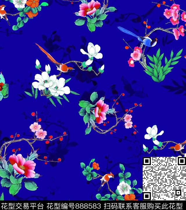 国画花鸟图牡丹玉兰花数码印花华亿平台下载（图片编号: 888583） - 瓦栏（Walan）