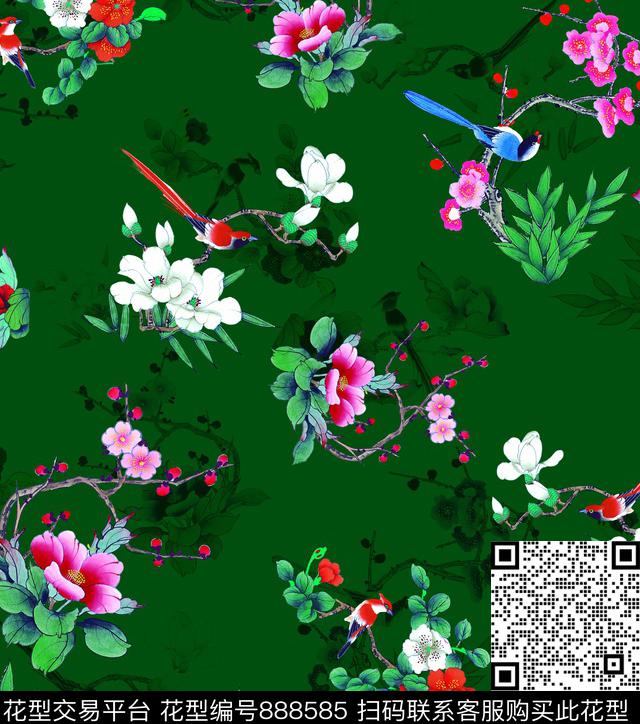 国画花鸟图牡丹玉兰花数码印花华亿平台下载（图片编号: 888585） - 瓦栏（Walan）