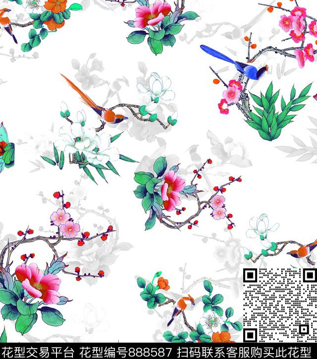 国画花鸟图牡丹玉兰花数码印花华亿平台下载（图片编号: 888587） - 瓦栏（Walan）