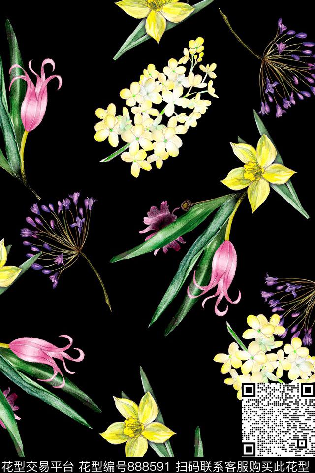 时尚手绘水彩数码印花华亿平台下载（图片编号: 888591） - 瓦栏（Walan）