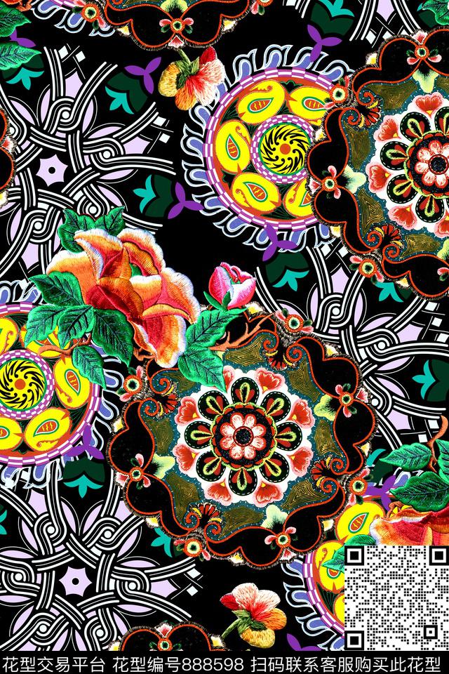 民族风花卉几何数码印花华亿平台下载（图片编号: 888598） - 瓦栏（Walan）