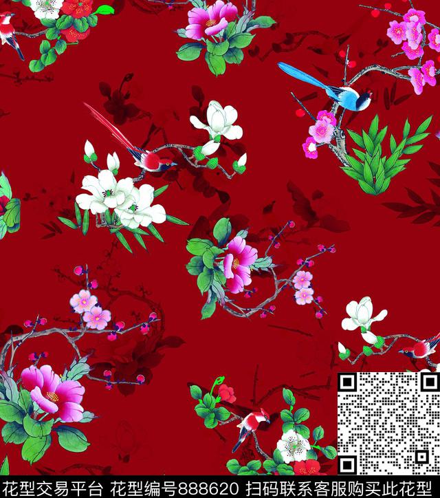 国画花鸟图牡丹玉兰花数码印花华亿平台下载（图片编号: 888620） - 瓦栏（Walan）