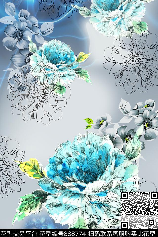 花朵花卉清新淡雅水彩数码印花华亿平台下载（图片编号: 888774） - 瓦栏（Walan）