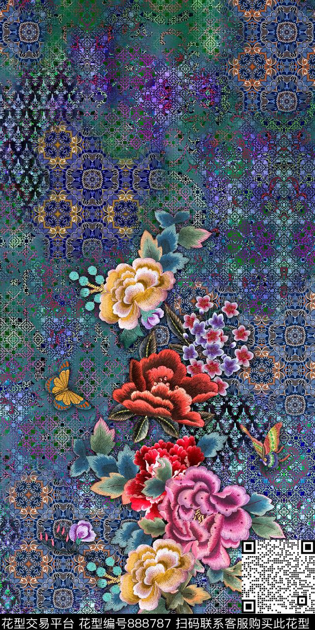 民族风几何花卉数码印花华亿平台下载（图片编号: 888787） - 瓦栏（Walan）