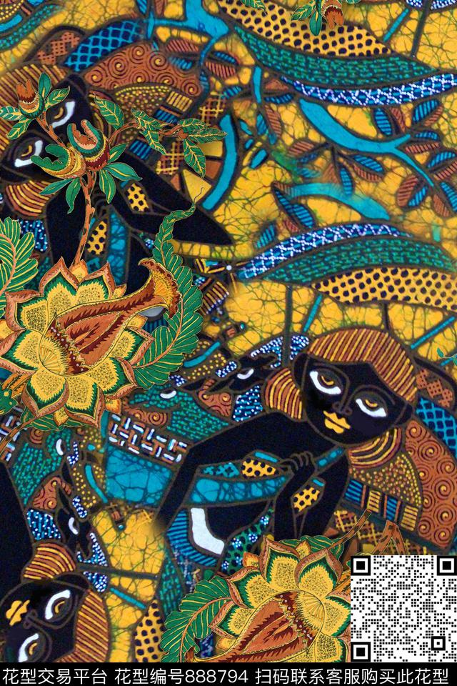 几何民族风花卉数码印花华亿平台下载（图片编号: 888794） - 瓦栏（Walan）