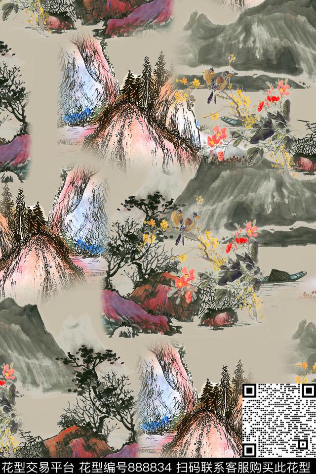 水墨山水中国风数码印花华亿平台下载（图片编号: 888834） - 瓦栏（Walan）