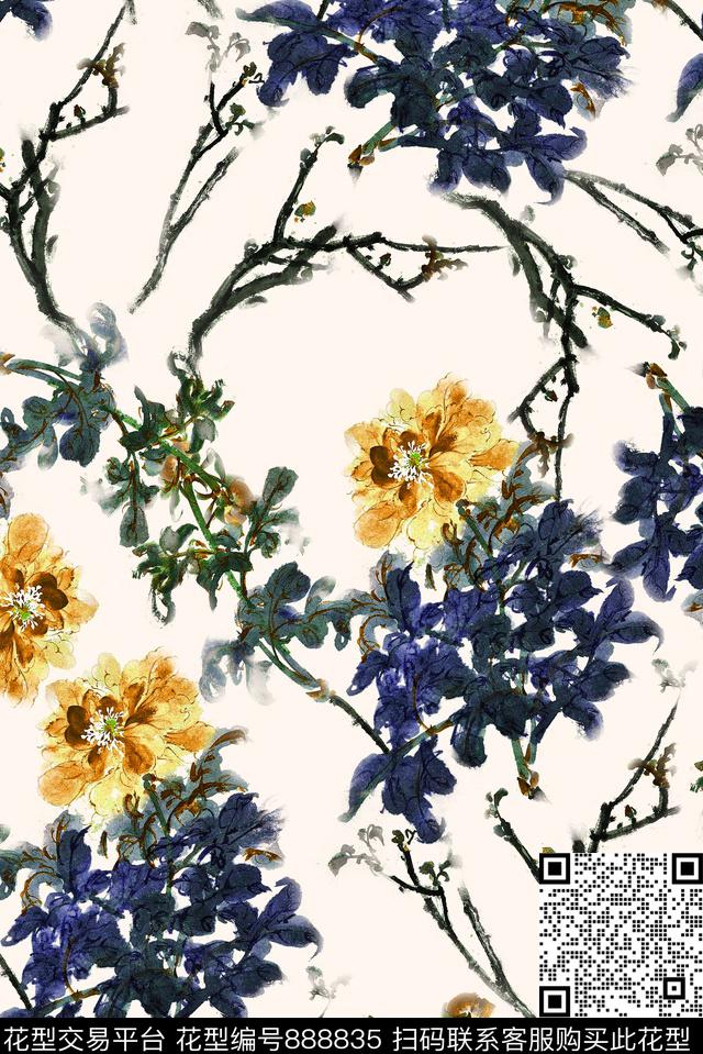 水墨中国风牡丹数码印花华亿平台下载（图片编号: 888835） - 瓦栏（Walan）