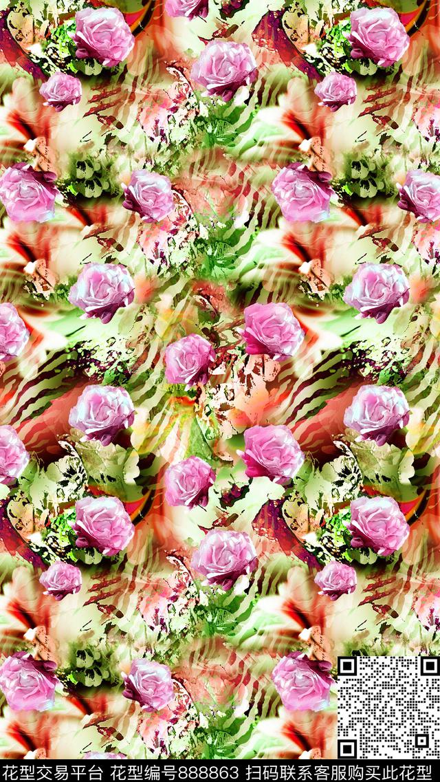 花朵花卉抽象数码印花华亿平台下载（图片编号: 888863） - 瓦栏（Walan）