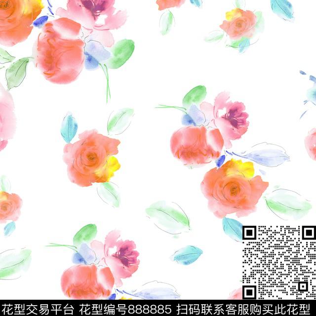 花卉手绘彩色数码印花华亿平台下载（图片编号: 888885） - 瓦栏（Walan）