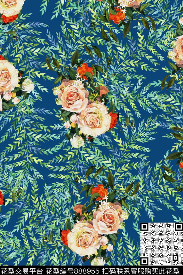 手绘花彩色底水彩数码印花华亿平台下载（图片编号: 888955） - 瓦栏（Walan）