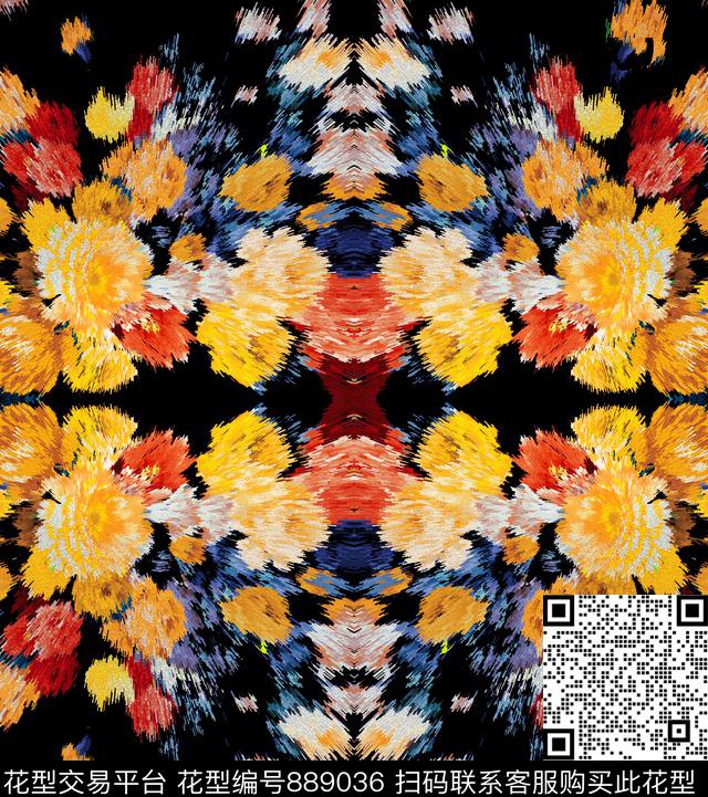 暗底民族风玫瑰数码印花华亿平台下载（图片编号: 889036） - 瓦栏（Walan）