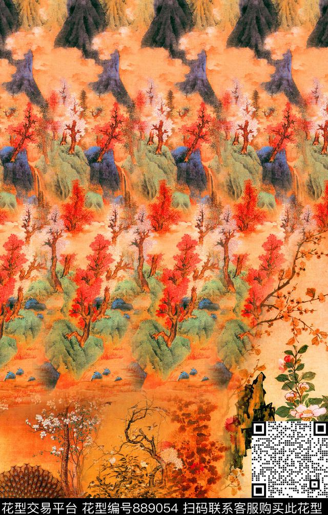 渐变中国风花卉数码印花华亿平台下载（图片编号: 889054） - 瓦栏（Walan）