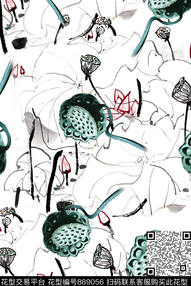 莲蓬水墨线描数码印花华亿平台下载（图片编号: 889056） - 瓦栏（Walan）