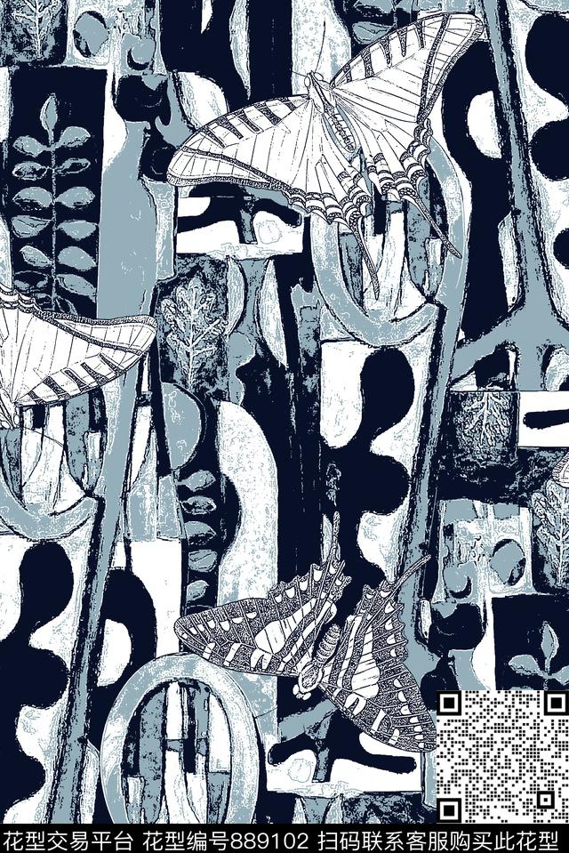 蝴蝶抽象纹理几何传统印花华亿平台下载（图片编号: 889102） - 瓦栏（Walan）