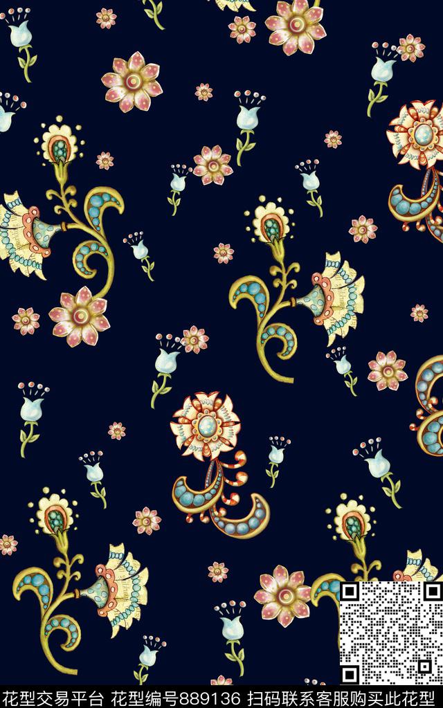 花朵民族风波西米亚数码印花华亿平台下载（图片编号: 889136） - 瓦栏（Walan）