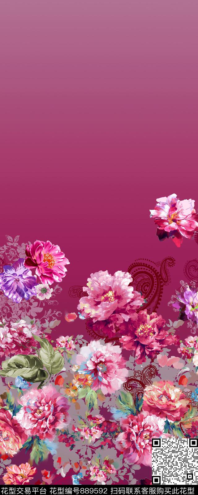 花卉定位花花朵数码印花华亿平台下载（图片编号: 889592） - 瓦栏（Walan）
