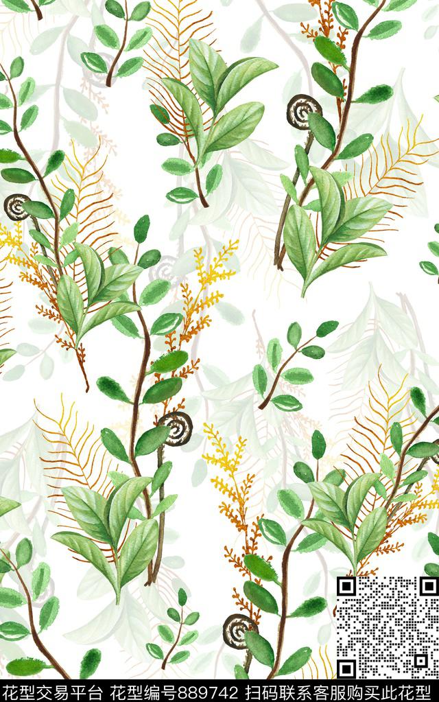 小碎花叶子手绘花朵数码印花华亿平台下载（图片编号: 889742） - 瓦栏（Walan）