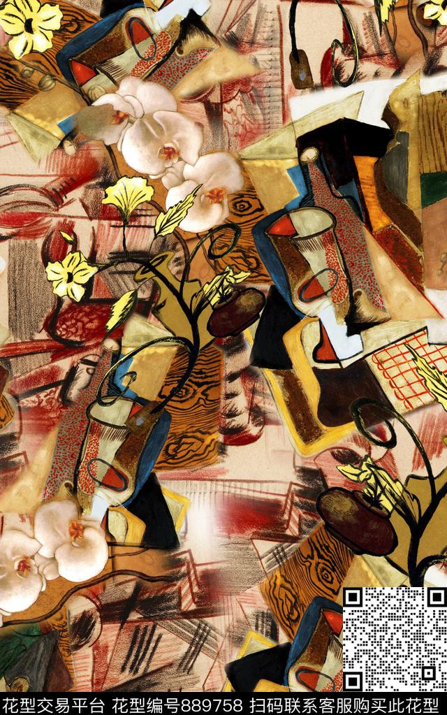 油画风格笔触民族风数码印花华亿平台下载（图片编号: 889758） - 瓦栏（Walan）