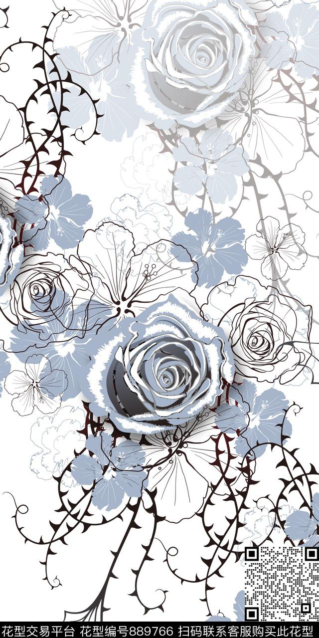 水墨花卉女装数码印花华亿平台下载（图片编号: 889766） - 瓦栏（Walan）