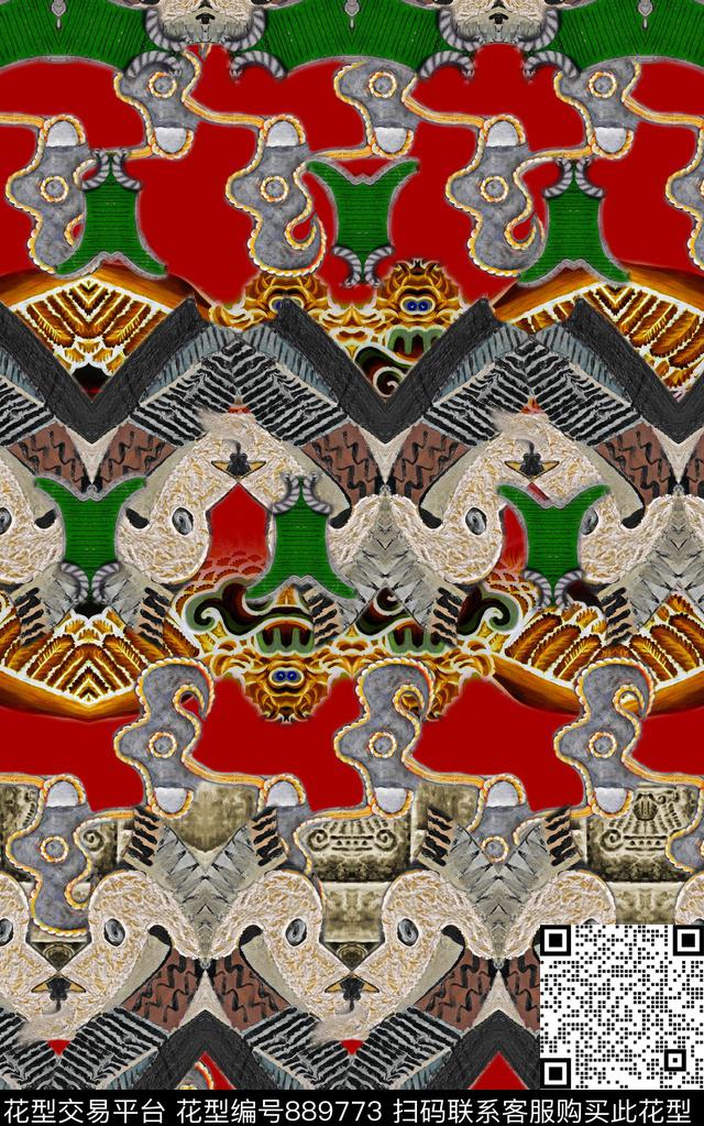 欧式中国风民族风数码印花华亿平台下载（图片编号: 889773） - 瓦栏（Walan）