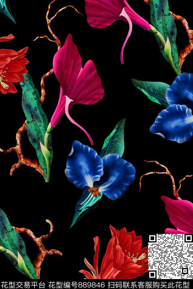兰花花朵花卉数码印花华亿平台下载（图片编号: 889846） - 瓦栏（Walan）