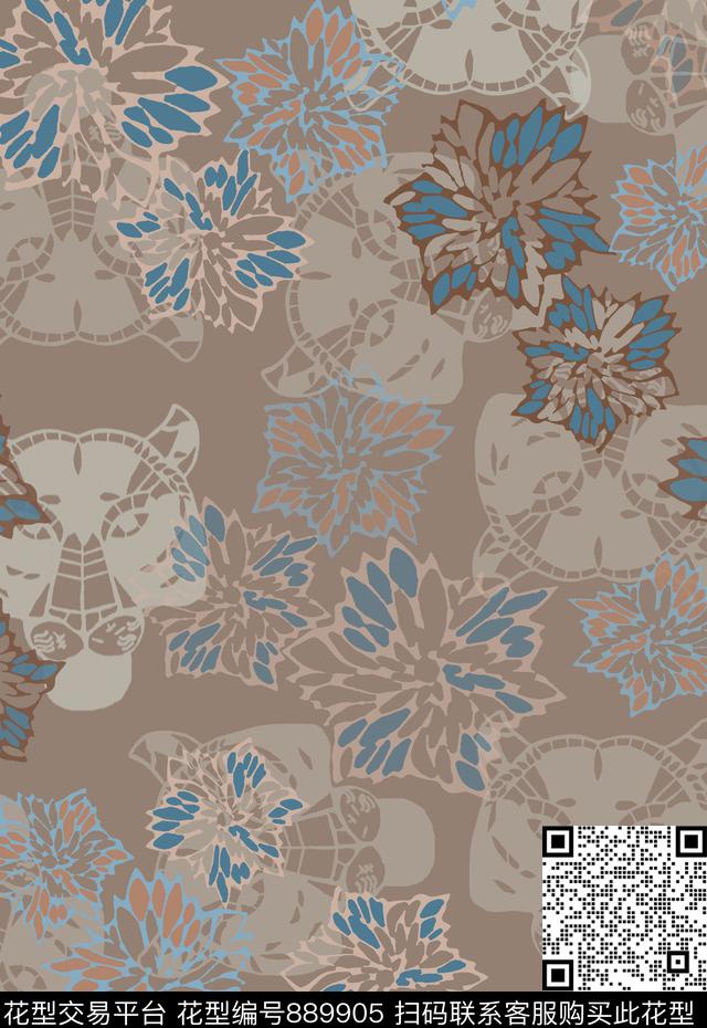 男装休闲花卉卡通动物老虎头传统印花华亿平台下载（图片编号: 889905） - 瓦栏（Walan）