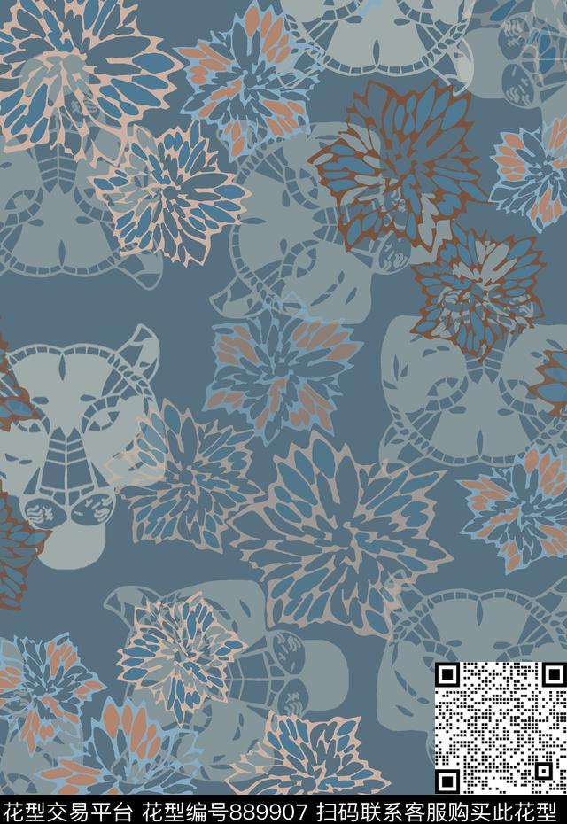 男装休闲花卉卡通动物老虎头传统印花华亿平台下载（图片编号: 889907） - 瓦栏（Walan）