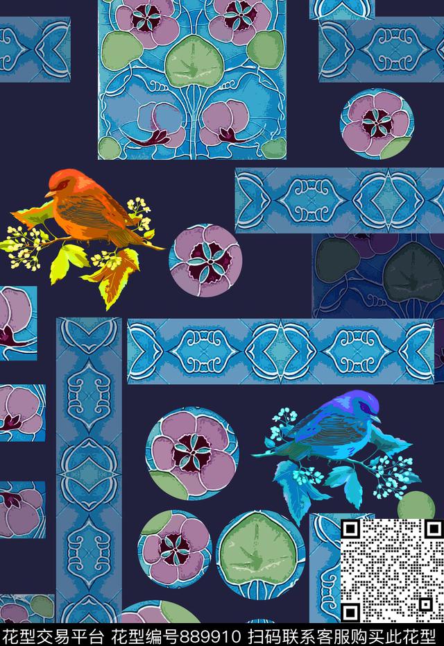 男装休闲花卉鸟昆虫图案圆圈与波点传统印花华亿平台下载（图片编号: 889910） - 瓦栏（Walan）