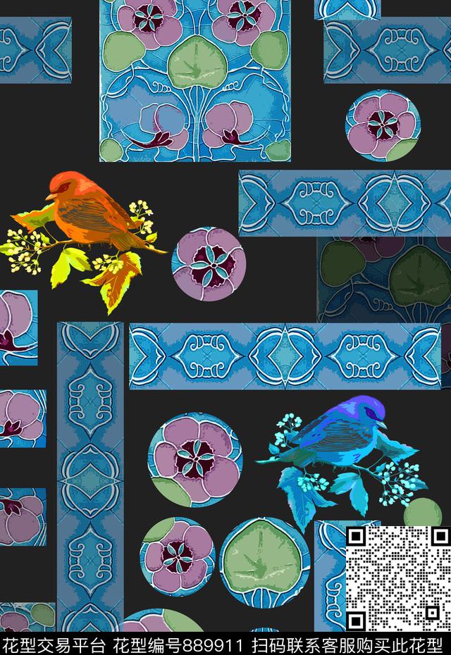 男装休闲花卉鸟昆虫图案圆圈与波点传统印花华亿平台下载（图片编号: 889911） - 瓦栏（Walan）