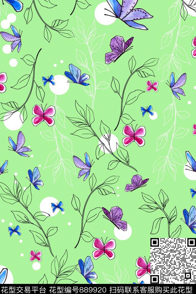 绿植树叶女装手绘花卉数码印花华亿平台下载（图片编号: 889920） - 瓦栏（Walan）