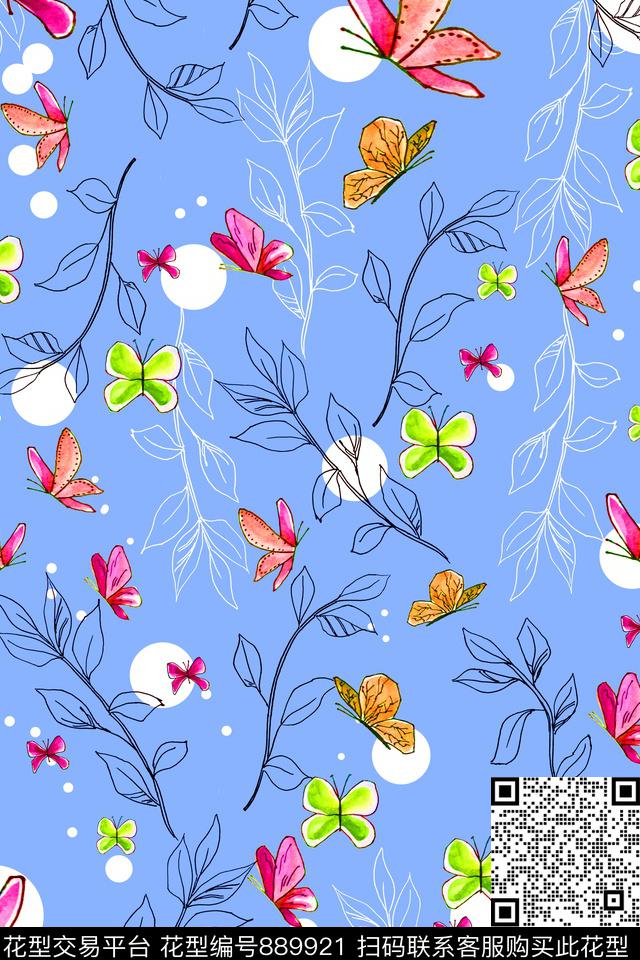 绿植树叶女装手绘花卉数码印花华亿平台下载（图片编号: 889921） - 瓦栏（Walan）