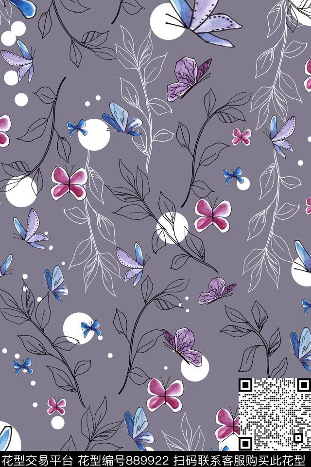 绿植树叶女装手绘花卉数码印花华亿平台下载（图片编号: 889922） - 瓦栏（Walan）