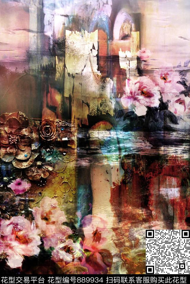 抽象定位花欧式抽象花数码印花华亿平台下载（图片编号: 889934） - 瓦栏（Walan）
