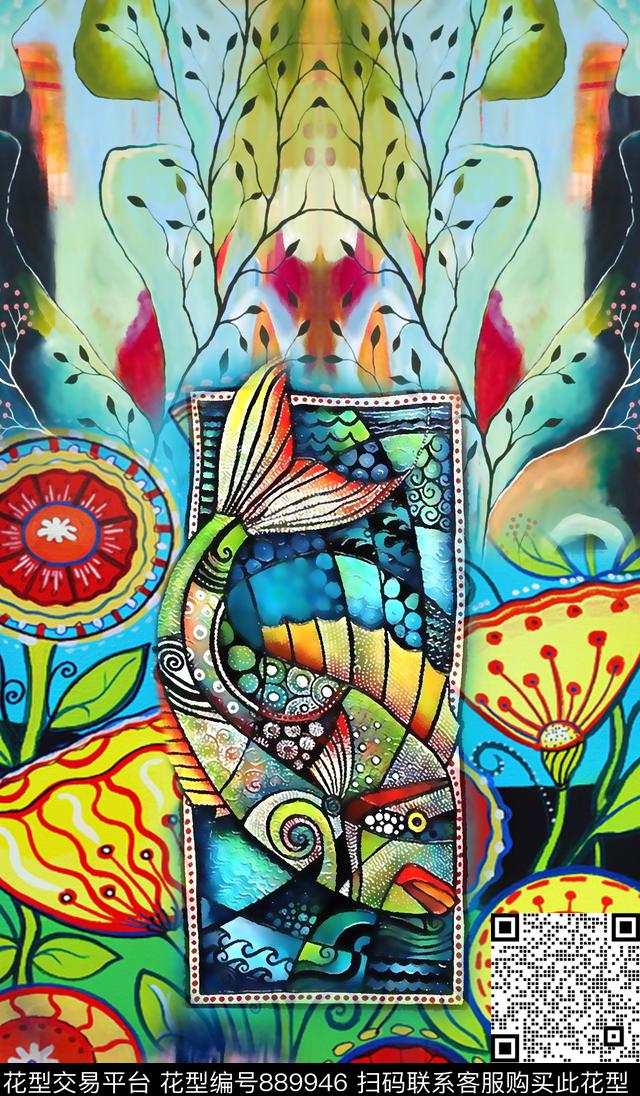 不规则几何抽象油画数码印花华亿平台下载（图片编号: 889946） - 瓦栏（Walan）