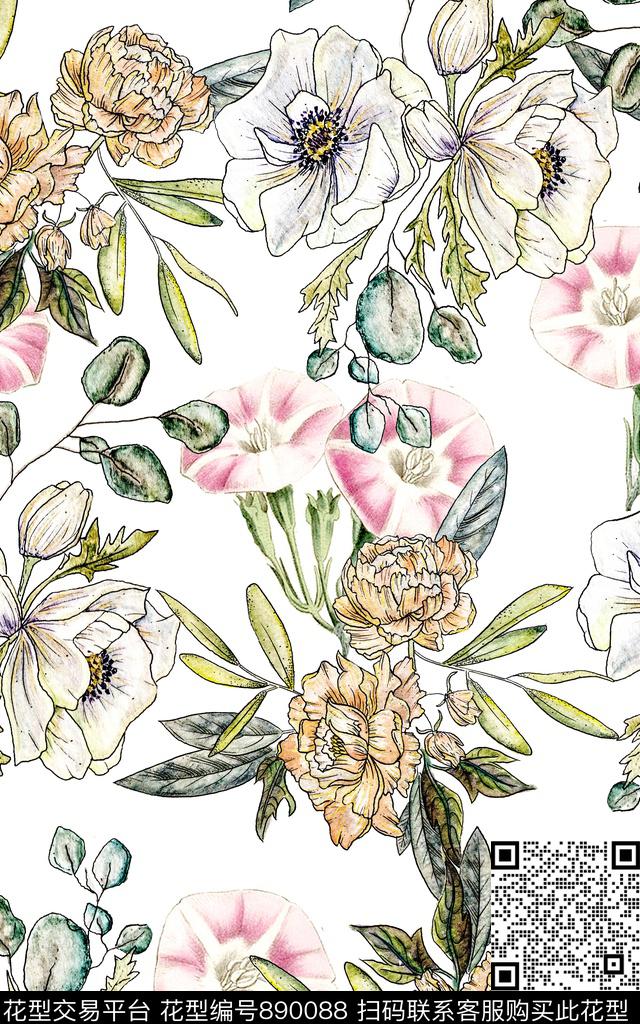 花卉手绘水彩数码印花华亿平台下载（图片编号: 890088） - 瓦栏（Walan）
