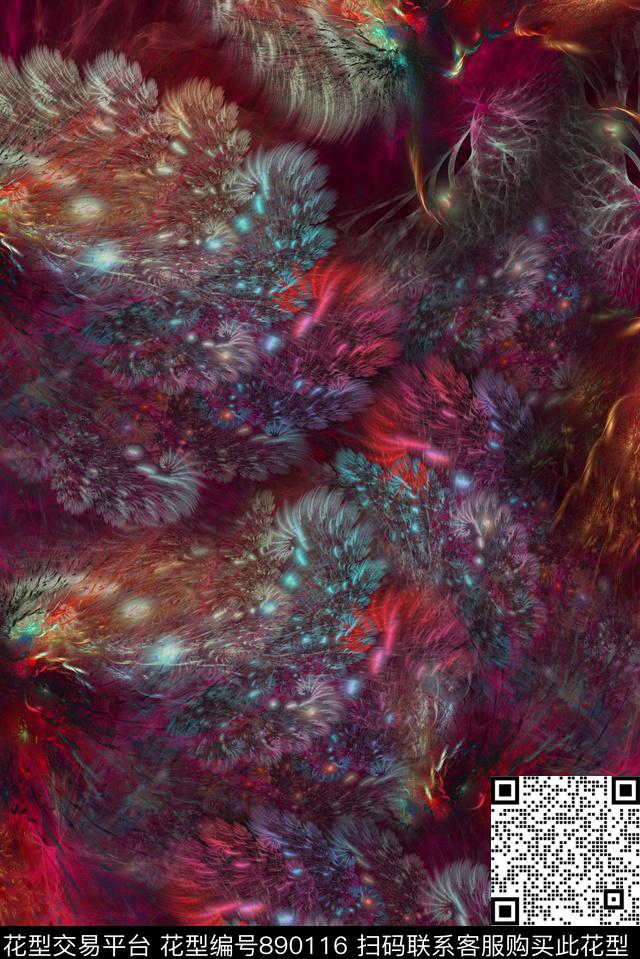 手绘羽毛酒红数码印花华亿平台下载（图片编号: 890116） - 瓦栏（Walan）