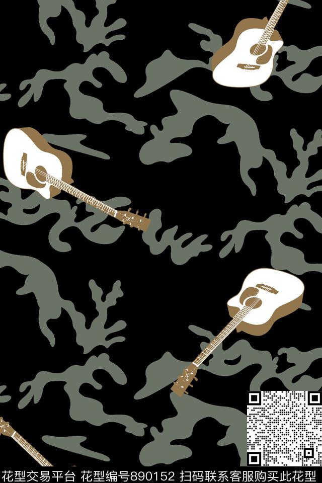迷彩纹理吉他男装T恤华亿平台传统印花华亿平台下载（图片编号: 890152） - 瓦栏（Walan）