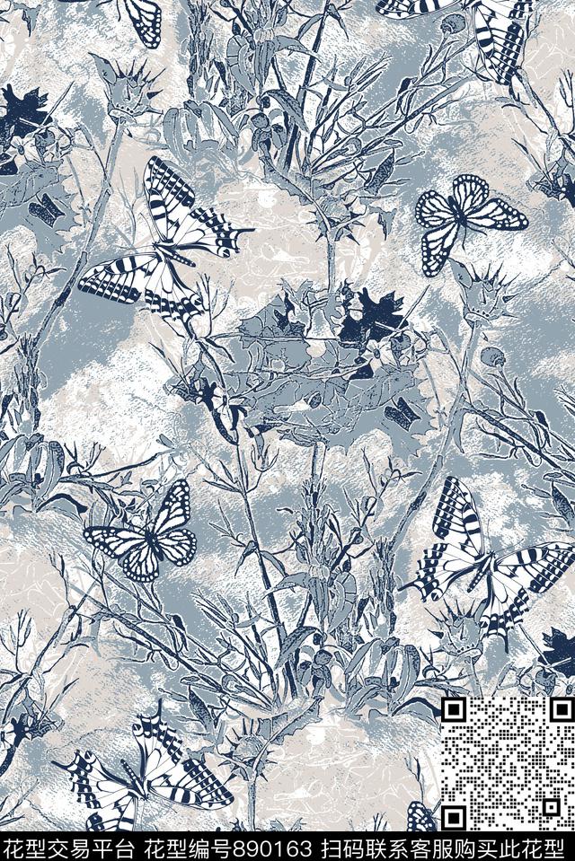 抽象纹理树枝蝴蝶传统印花华亿平台下载（图片编号: 890163） - 瓦栏（Walan）