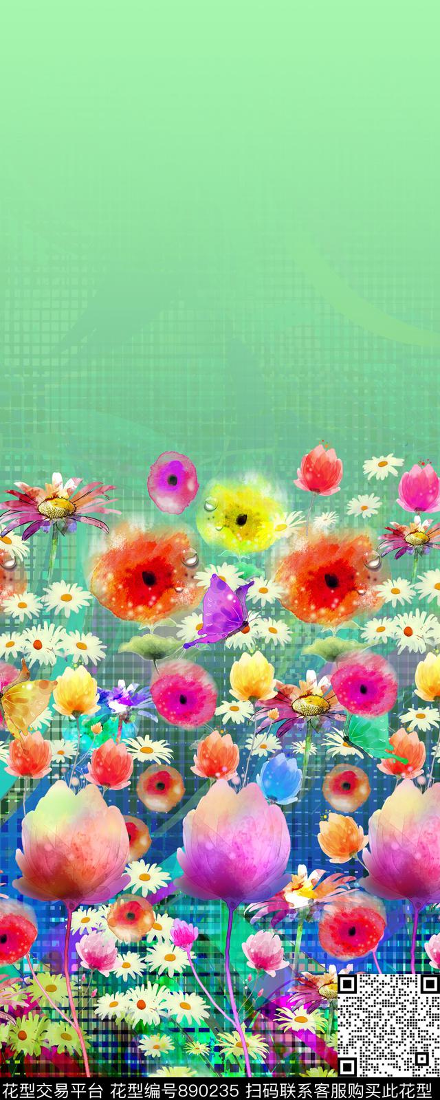 定位花花卉手绘花数码印花华亿平台下载（图片编号: 890235） - 瓦栏（Walan）
