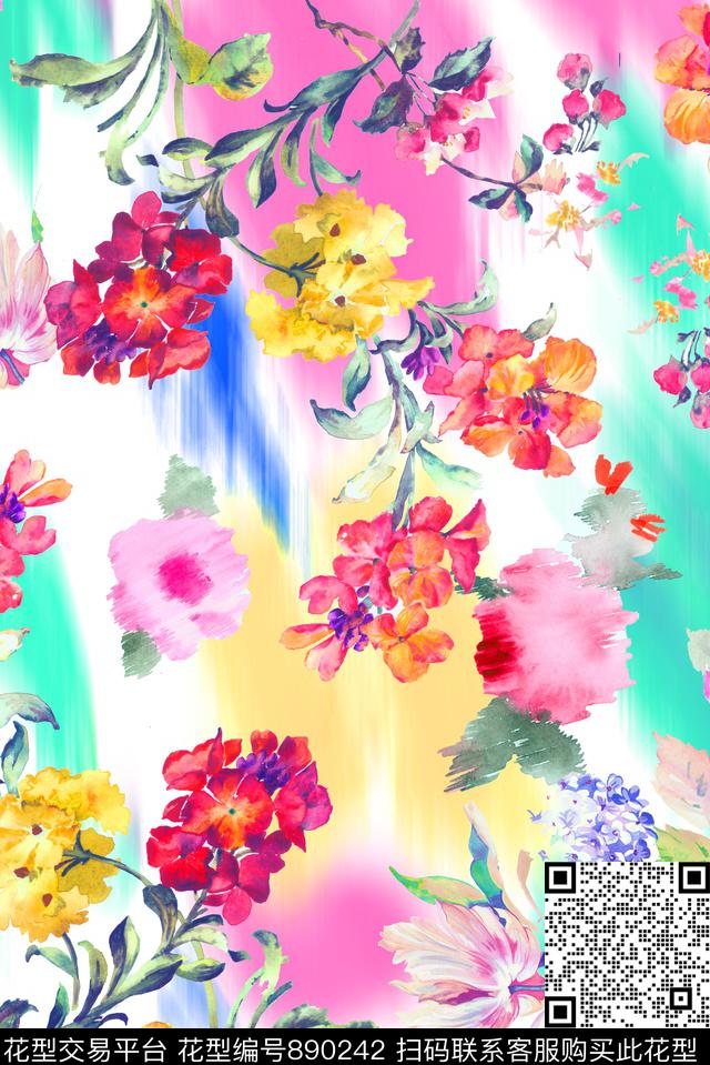 专色底花卉手绘花数码印花华亿平台下载（图片编号: 890242） - 瓦栏（Walan）