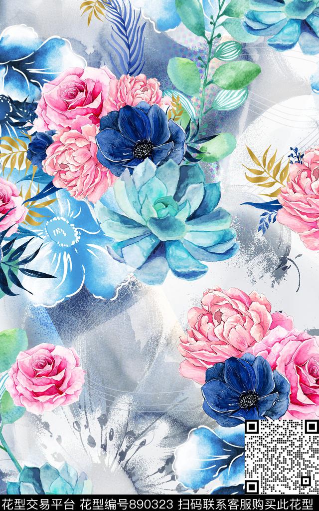 彩绘文艺大花数码印花华亿平台下载（图片编号: 890323） - 瓦栏（Walan）