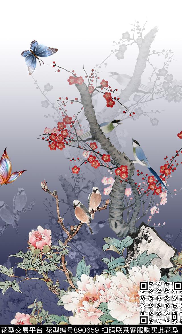 梅花中国风定位花蝴蝶数码印花华亿平台下载（图片编号: 890659） - 瓦栏（Walan）