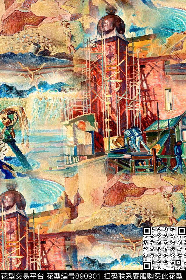 抽象几何油画数码印花华亿平台下载（图片编号: 890901） - 瓦栏（Walan）
