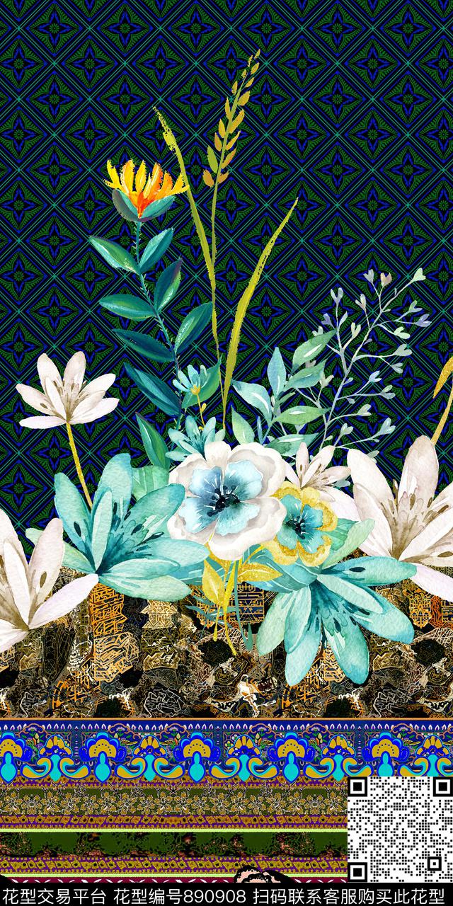 民族风条纹花卉数码印花华亿平台下载（图片编号: 890908） - 瓦栏（Walan）