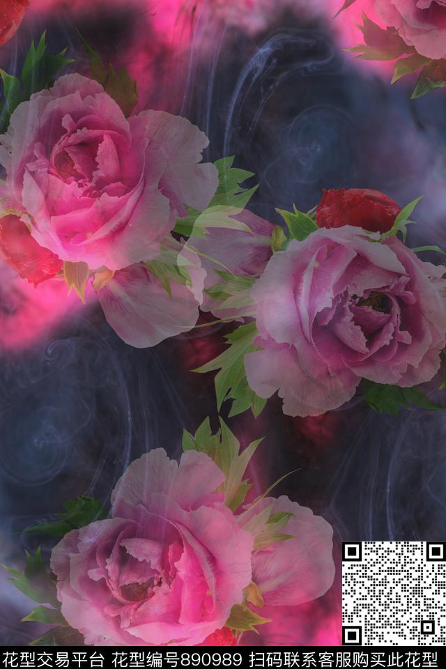 花卉花朵水墨底纹数码印花华亿平台下载（图片编号: 890989） - 瓦栏（Walan）